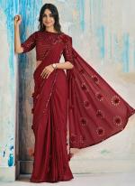 Sattin Crepe Red Wedding Wear Sequins Work Ready To Wear Saree